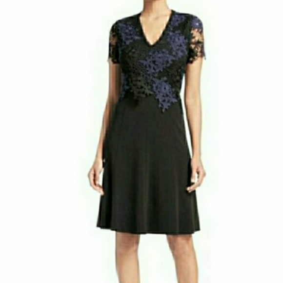 Black Vneck Midi Dress Blue Crochet Overlay NWT 🤍 Retail $168- - Picture 2 of 11